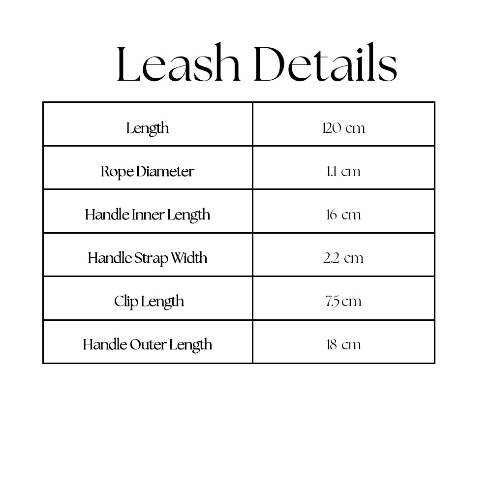 Everyday Walk Set leash size guide showing rope length, handle size, and metal clasp dimensions.