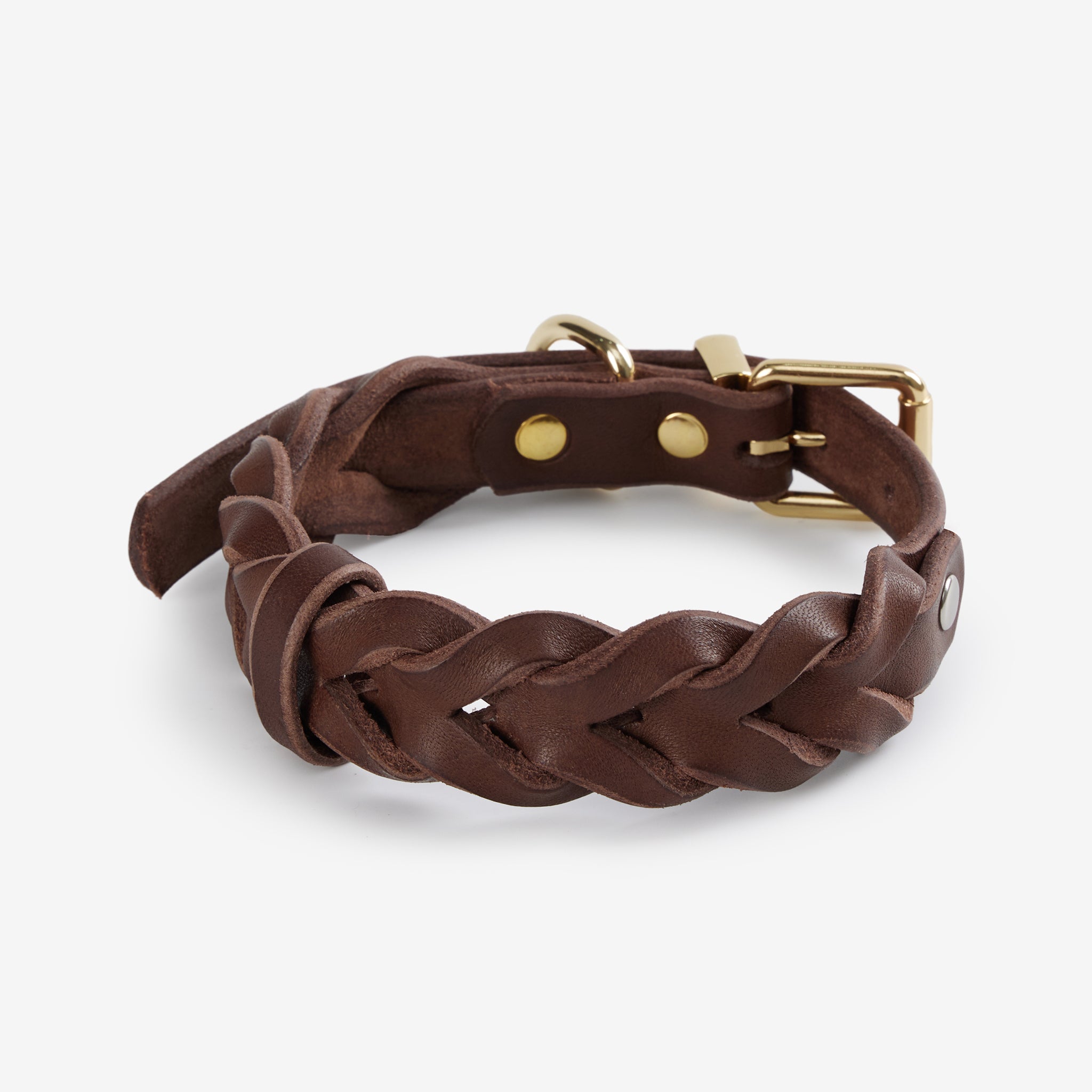 Close-up of braided leather collar showing texture, stitching, and metal hardware.