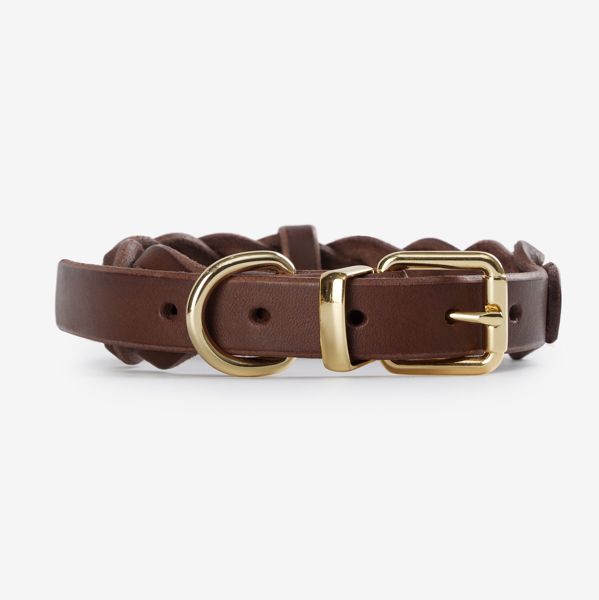 Close-up of braided leather collar showing texture, stitching, and metal hardware.