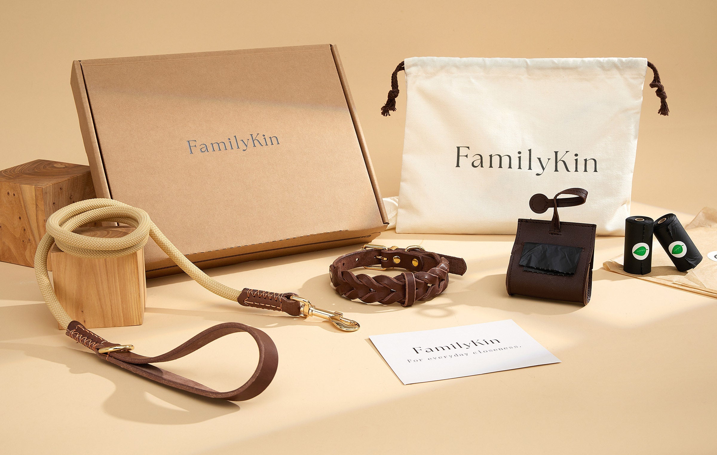 Everyday Walk Set arranged with branded packaging, braided collar, leash, dispenser, and refill rolls.