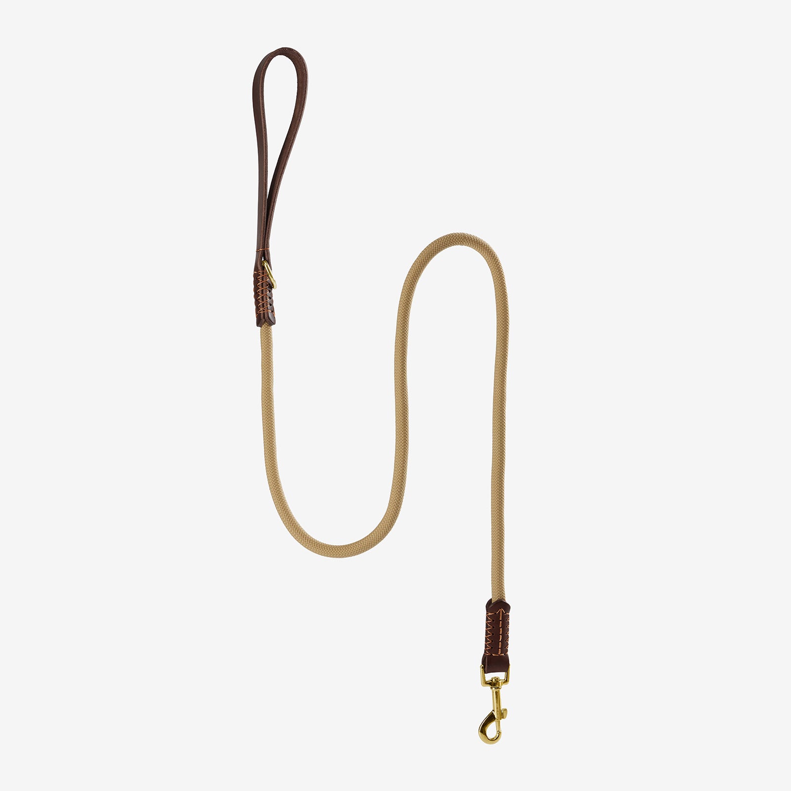 Rope and leather dog leash with handle, clasp, and leather trim details.
