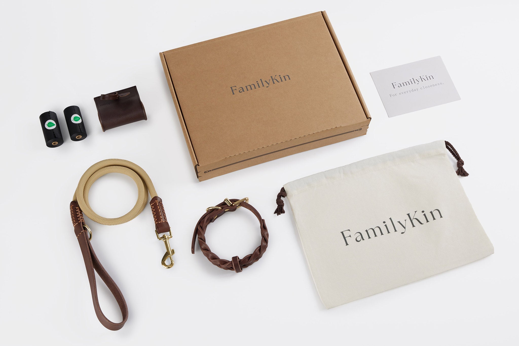 Complete dog walking set with collar, leash, waste bag holder, and refill rolls