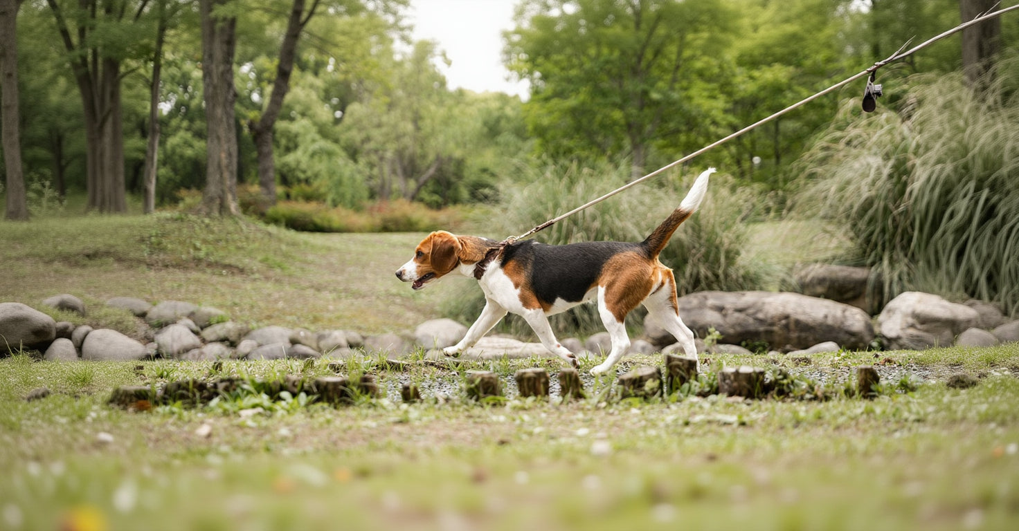 Dog wearing the Everyday Walk Set with braided leather collar and leash during a calm outdoor walk.