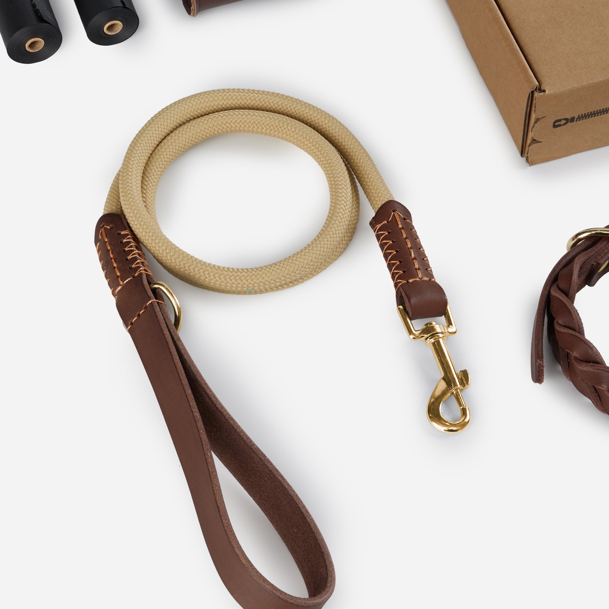 Everyday Walk Set with braided leather collar, walk leash, waste bag dispenser, and refill rolls.