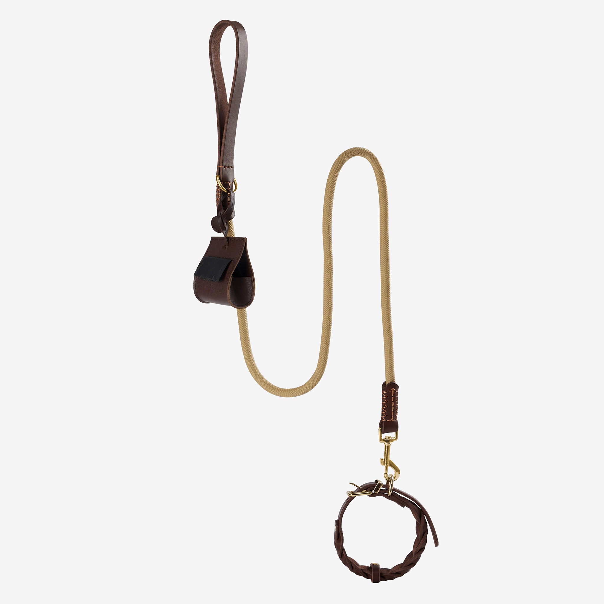 Everyday Walk Set with braided leather collar, walk leash, waste bag dispenser, and refill rolls.