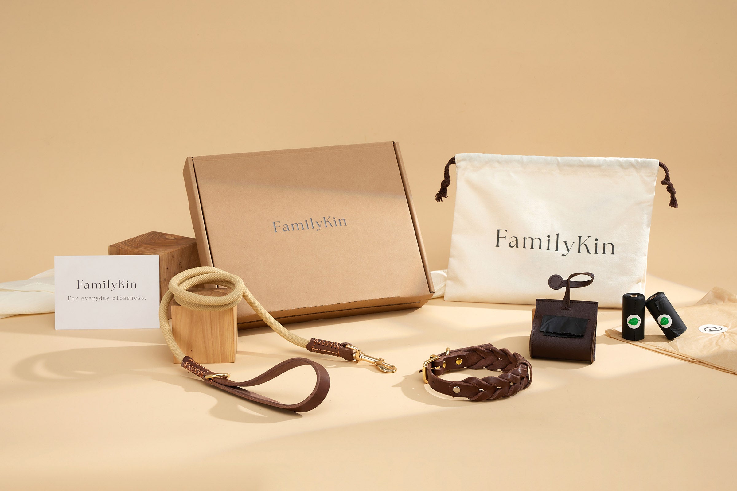 Everyday Walk Set arranged with branded packaging, braided collar, leash, dispenser, and refill rolls.