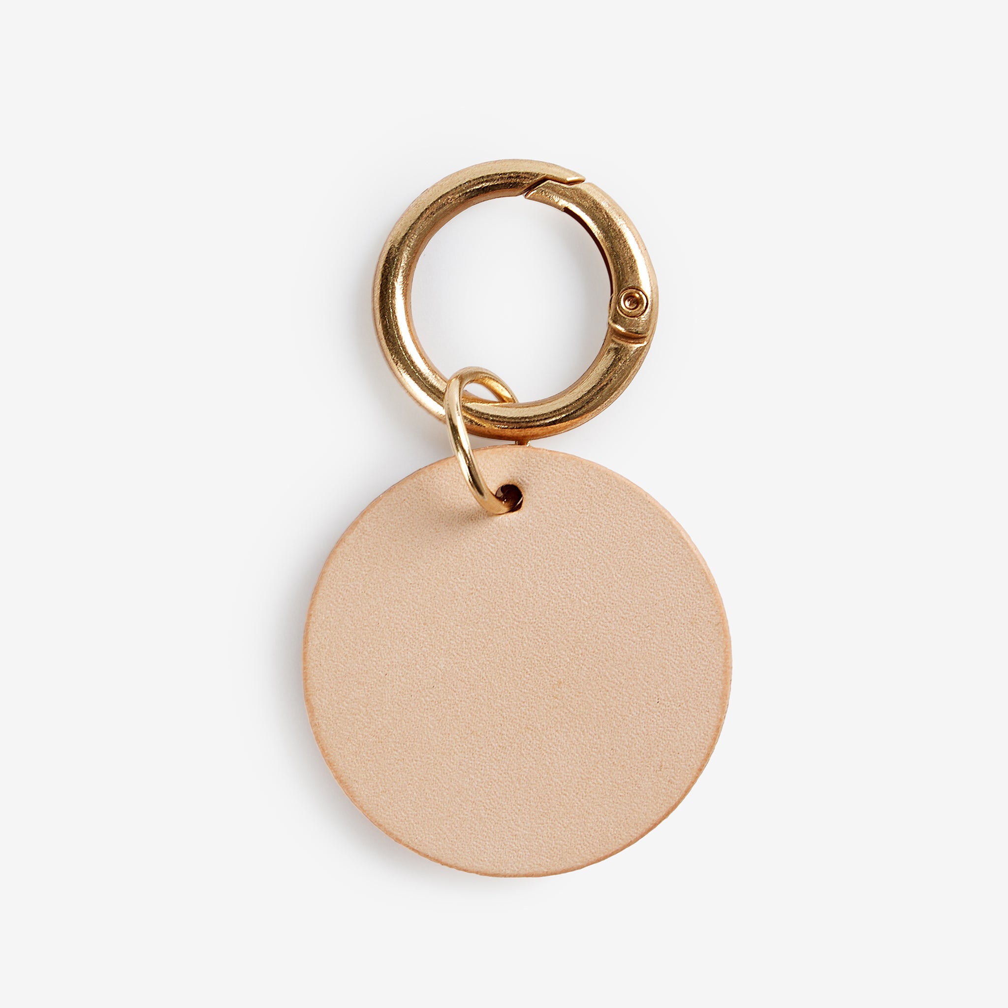Personalized leather dog tag shown with name detail and natural leather texture.