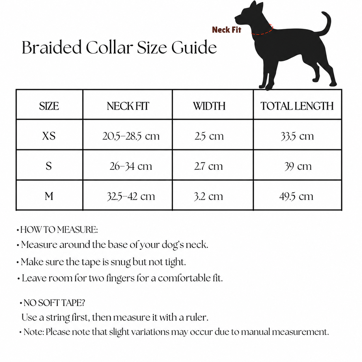 Everyday Walk Set collar size guide showing XS, S, and M neck measurements.